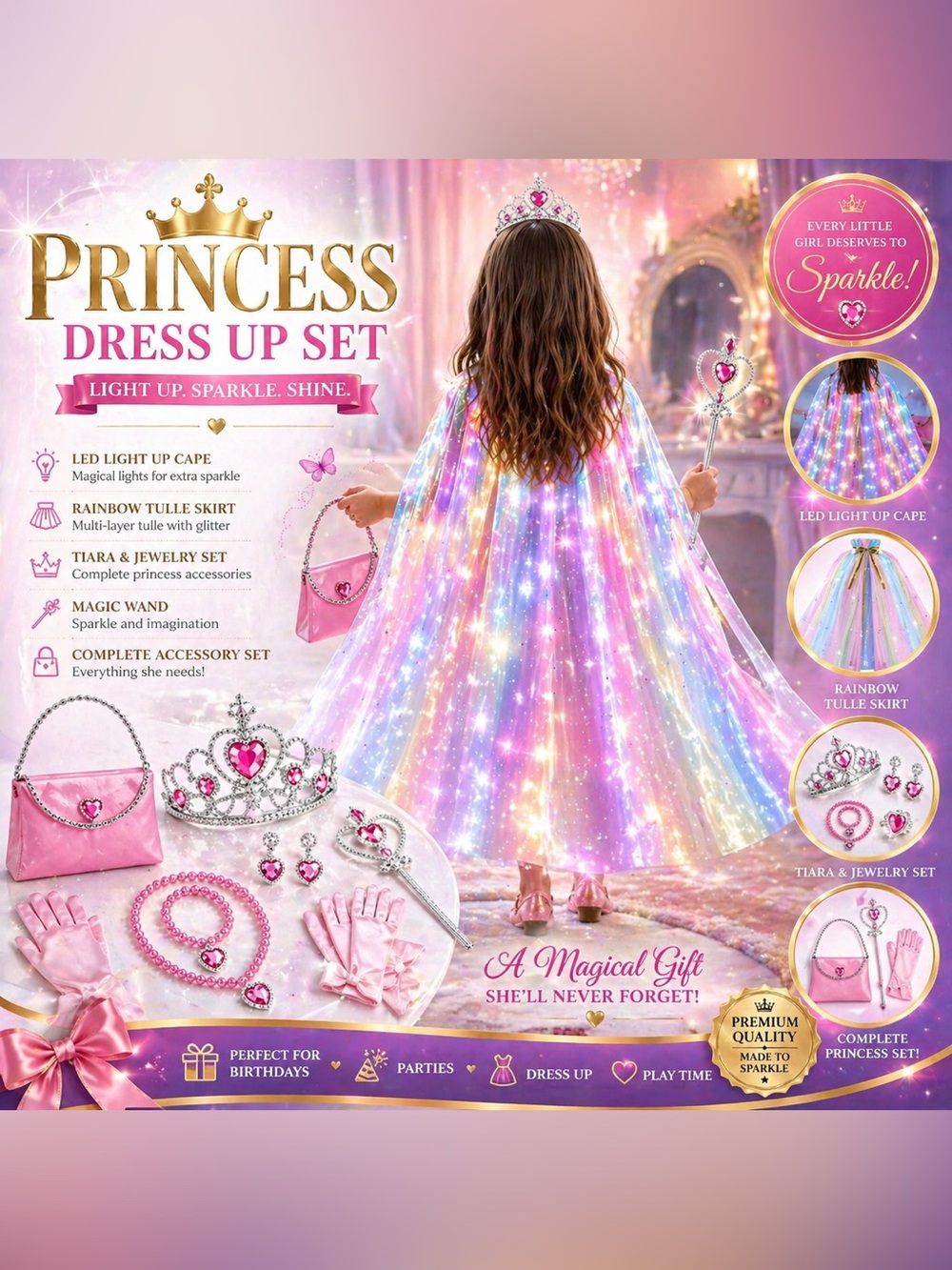 Prince Rainbow Light-Up Cape & Princess Accessory Set (Pink)